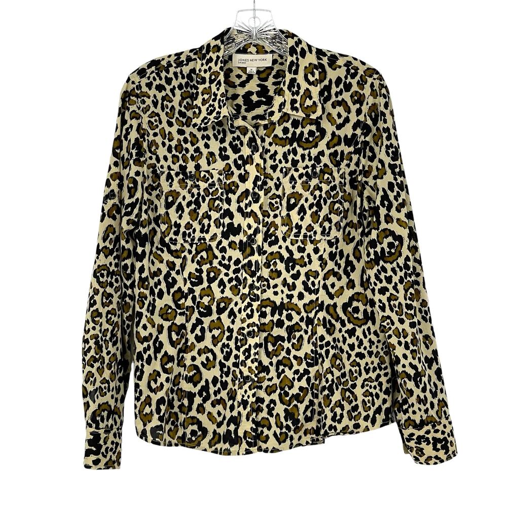 Jones New York Sport Long Sleeve Leopard Blouse Medium Animal Print Classic